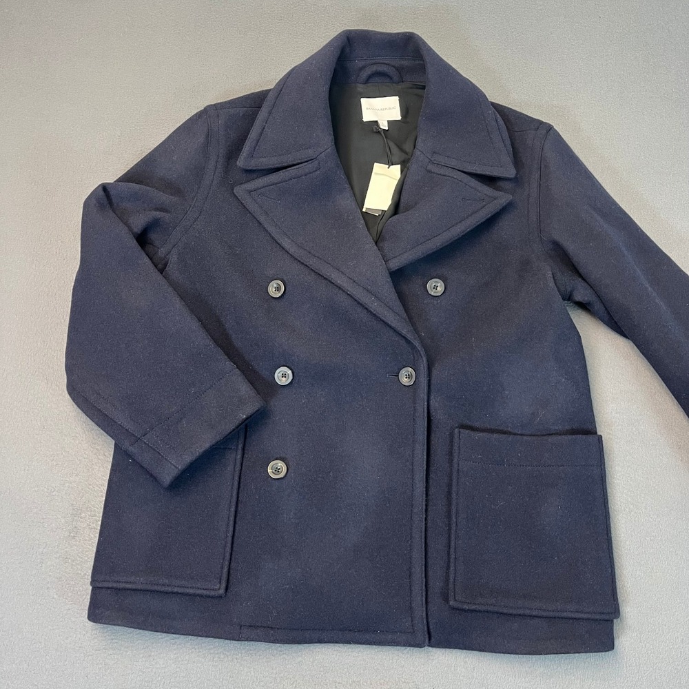 Banana Republic Italian Melton Peacoat Men's Lg Navy Wool Blend‎ Double Breasted